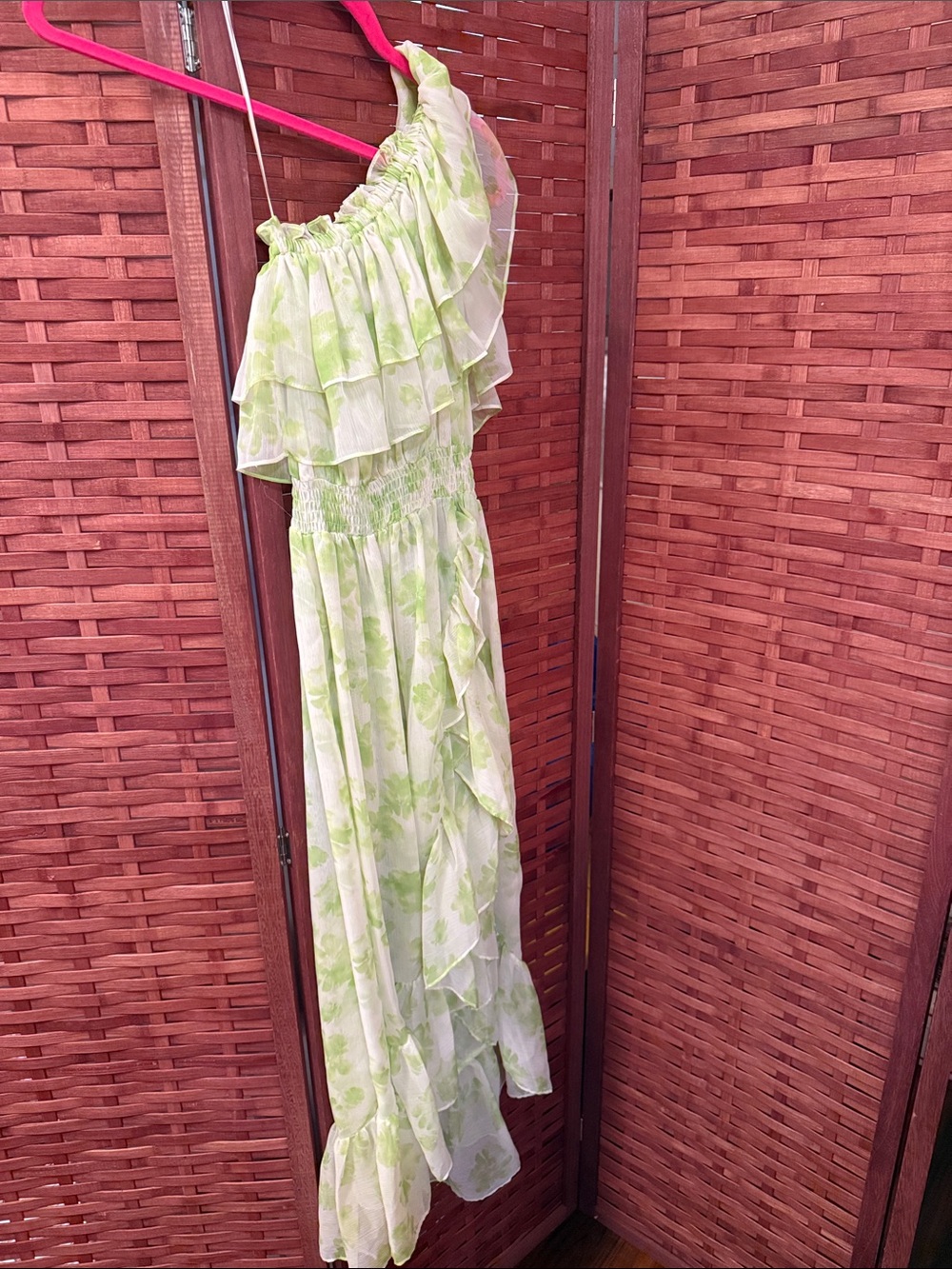 Misa Los Angeles One-Shoulder Ruffle Maxi Dress in Pale Green Floral